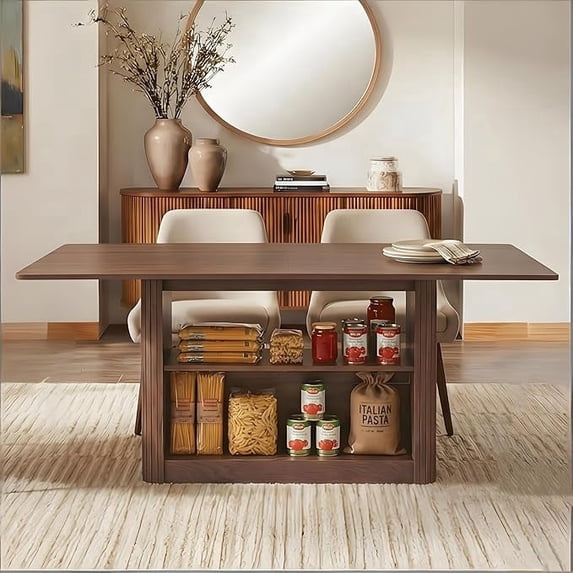 LAZZO 63.3" Rectangular Dining Table for 6 People, Modern Farmhouse Kitchen Table with 2-Tier Storage Shelf, Fluted Wood Table, Walnut