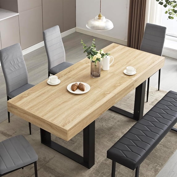 LAZZO Farmhouse Rustic Extendable Dining Table, 63"-79" Rectangular Wooden Kitchen Table for 4-8, Light Oak