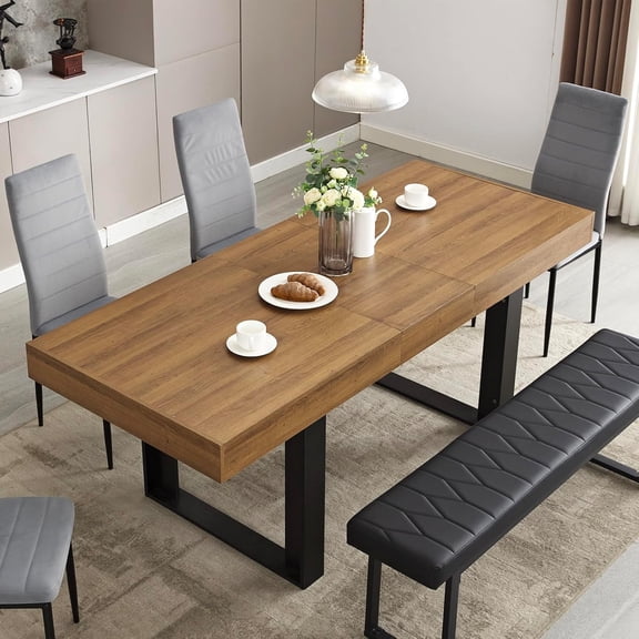 LAZZO Farmhouse Rustic Extendable Dining Table, 63"-79" Rectangular Wooden Kitchen Table for 4-8, Brown