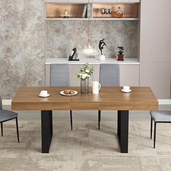 LAZZO Farmhouse Rustic Extendable Dining Table, 63"-79" Rectangular Wooden Kitchen Table for 4-8, Brown