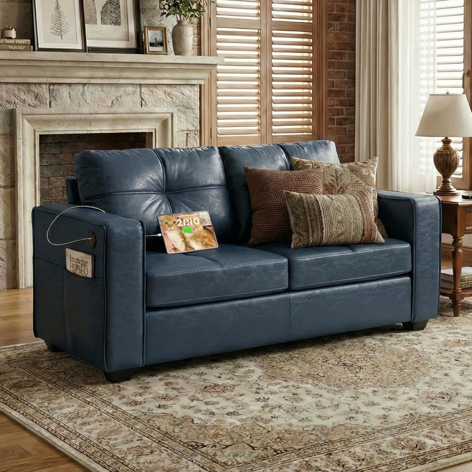 LAZZO 65" Loveseat Sofa with USB Charging Ports, 2-Seat Faux Leather Couch for Living Room & Office, Blue