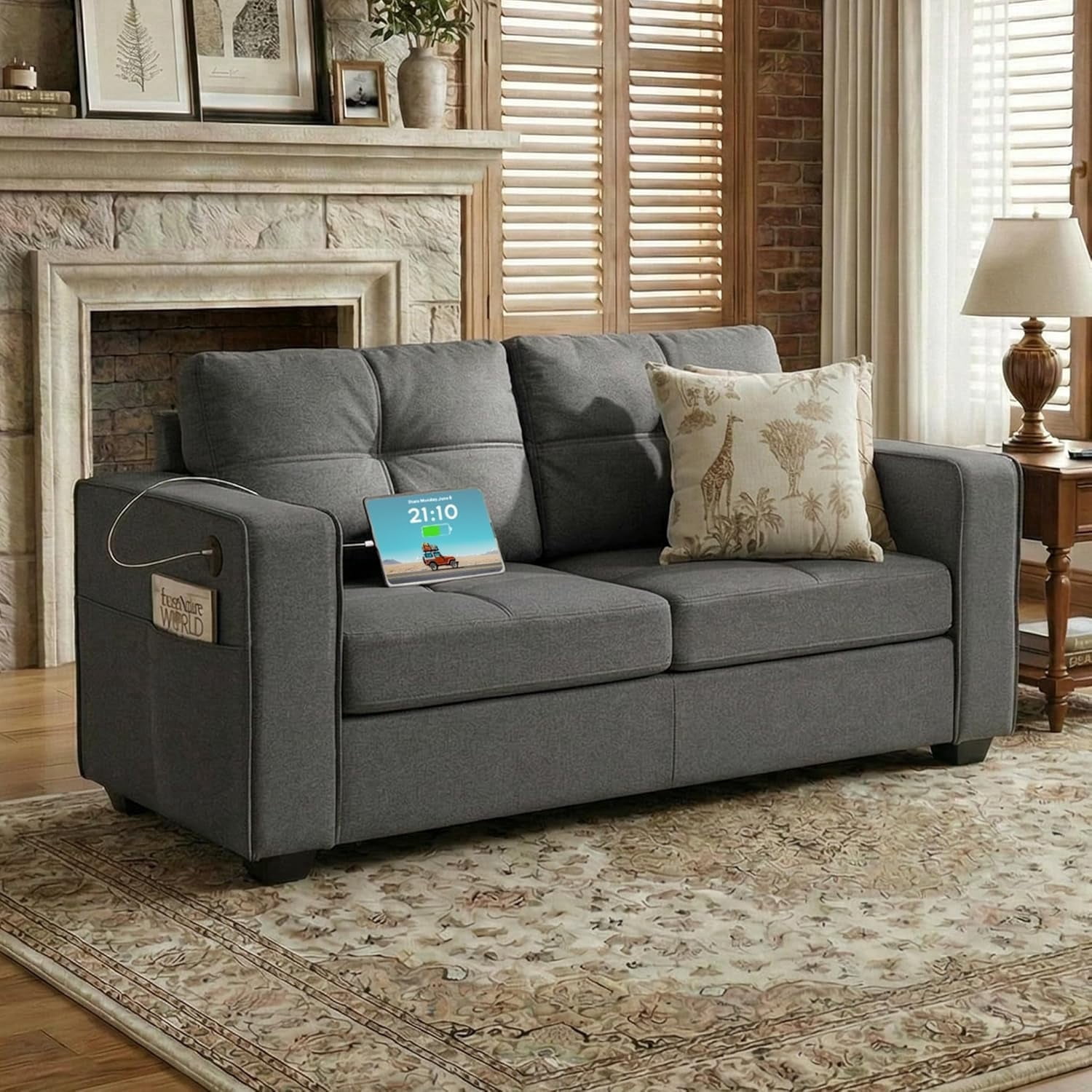 LAZZO 65" Loveseat Sofa with USB Charging Ports, 2-Seat Faux Leather Couch for Living Room & Office, Gray