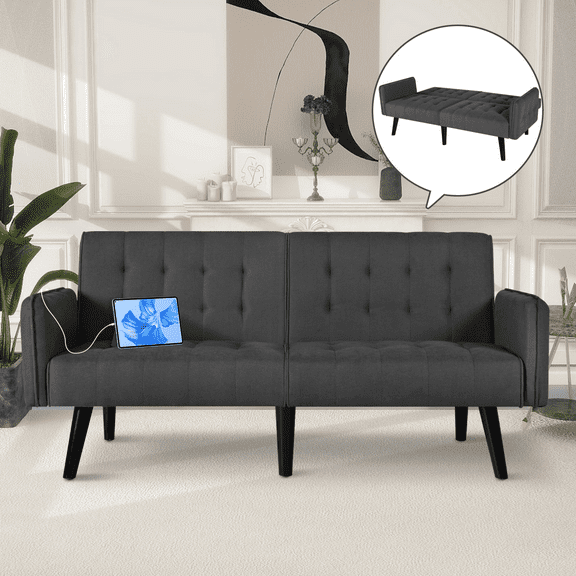 LAZZO 65" W Folding Futon Couch Sofa Bed w/ 2 USB Charging Ports, Dark Grey