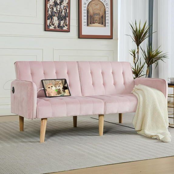 LAZZO 65" Folding Loveseat, Convertible Futon Sofa Bed with USB Charging Ports for Living Room Office Bedroom, Pink