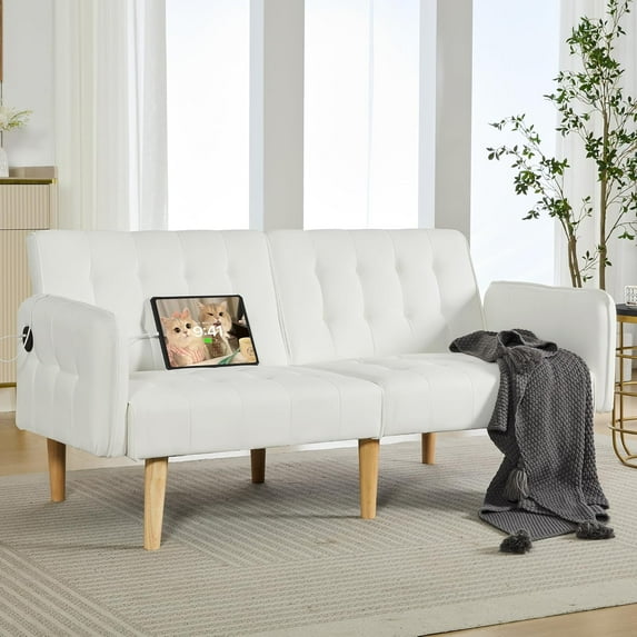 LAZZO 65" Folding Loveseat, Convertible Futon Sofa Bed with USB Charging Ports for Living Room Office Bedroom, White