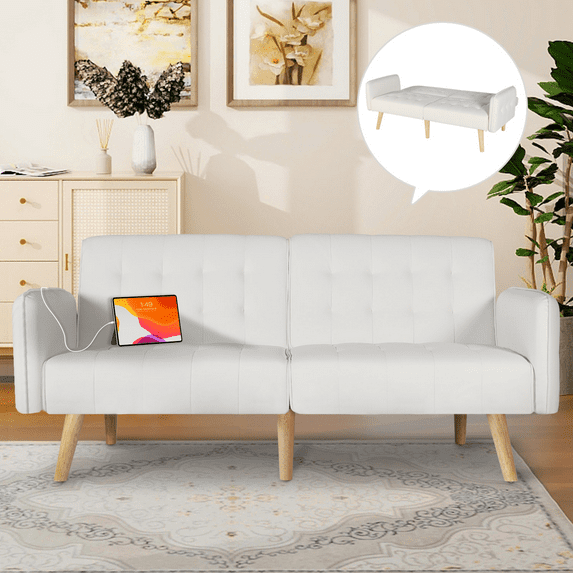 LAZZO 65" W Folding Futon Couch Sofa Bed w/ 2 USB Charging Ports, White