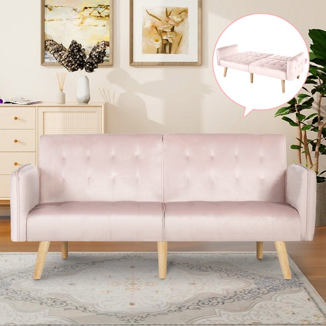 LAZZO 65" W Velvet Modern Convertible Folding Futon Couch Sofa Bed w/ 2 USB Charging Ports (Pink