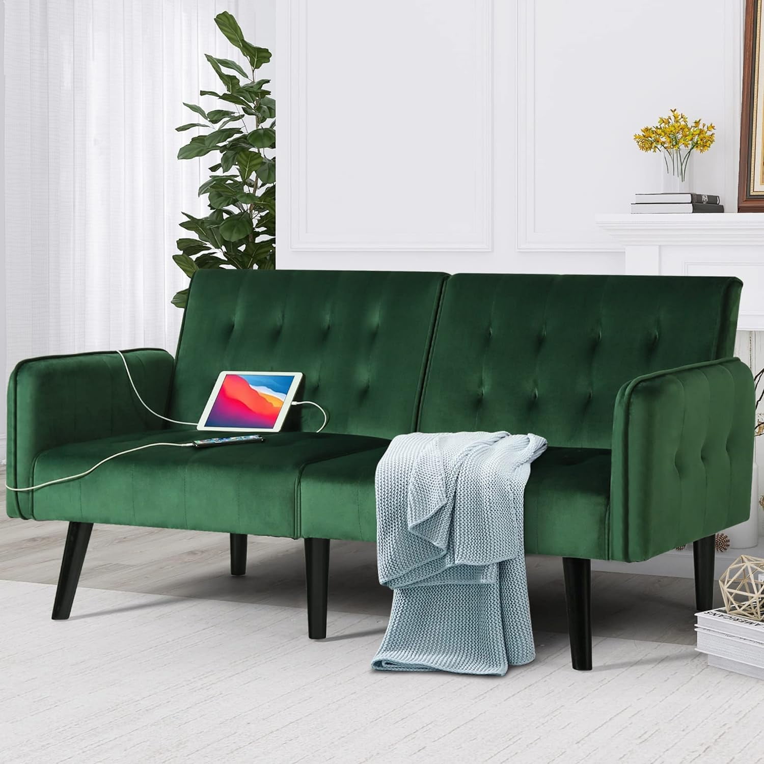 LAZZO 65" W Velvet Modern Convertible Folding Futon Couch Sofa Bed w/ 2 USB Charging Ports and