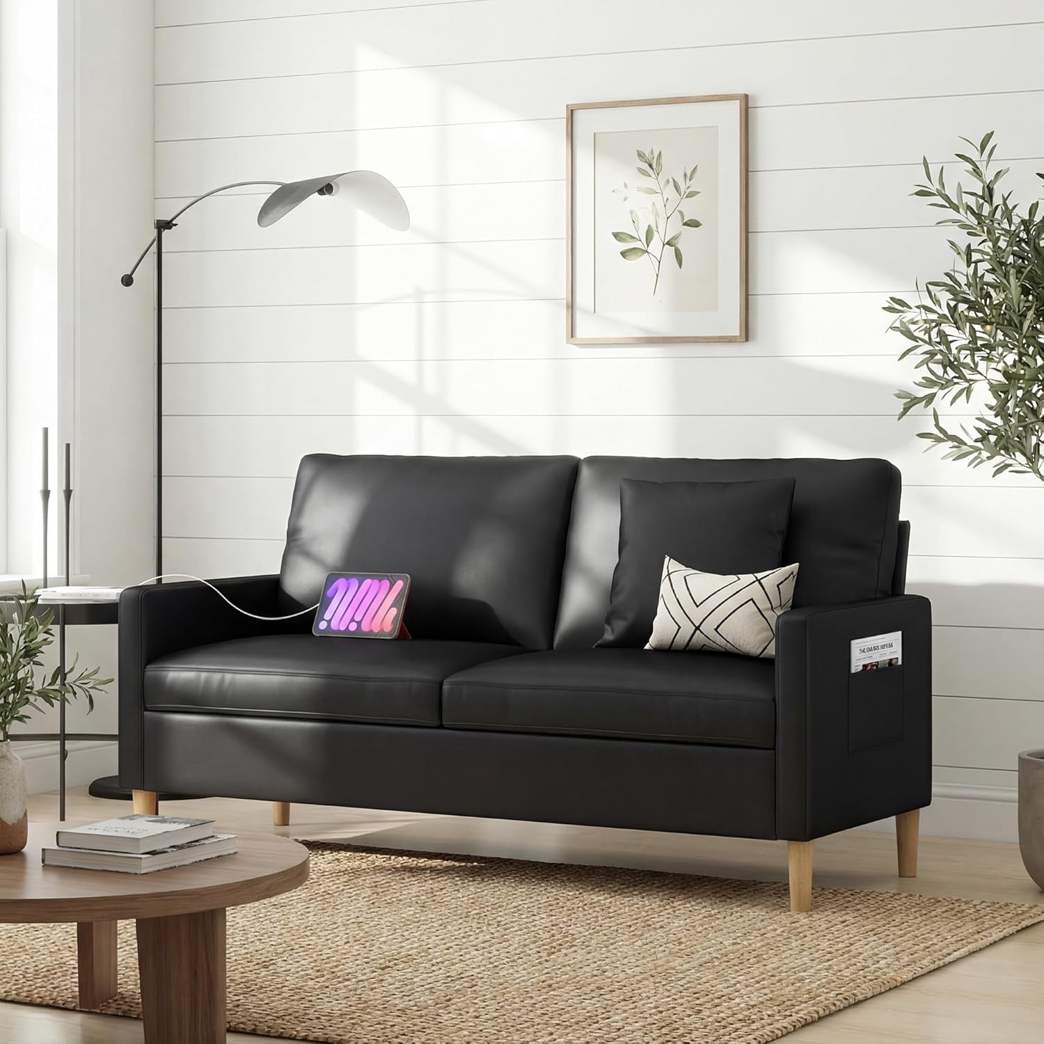 LAZZO 66" Black Faux Leather 2-Seater Loveseat Sofa with USB Charging, Mid-Century Modern Tufted Comfy Cloud Couch for Small Spaces, Living Room Bedroom Office Apartment