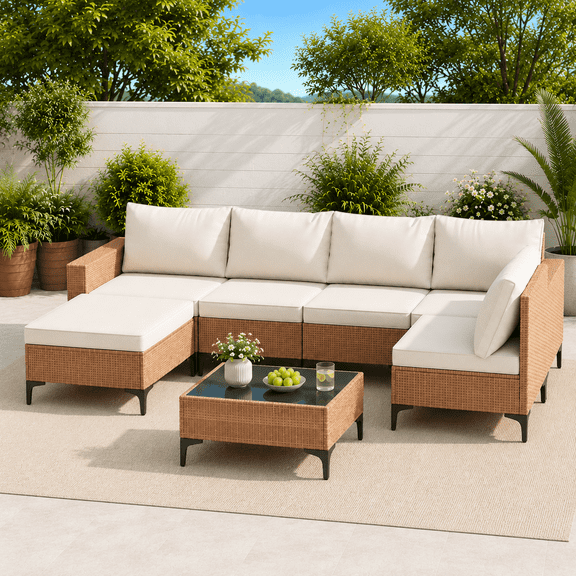 LAZZO 7-Piece Patio Furniture Set, Outdoor Wicker Conversation Set with Cushions and Coffee Table for Backyard and Porch, Beige