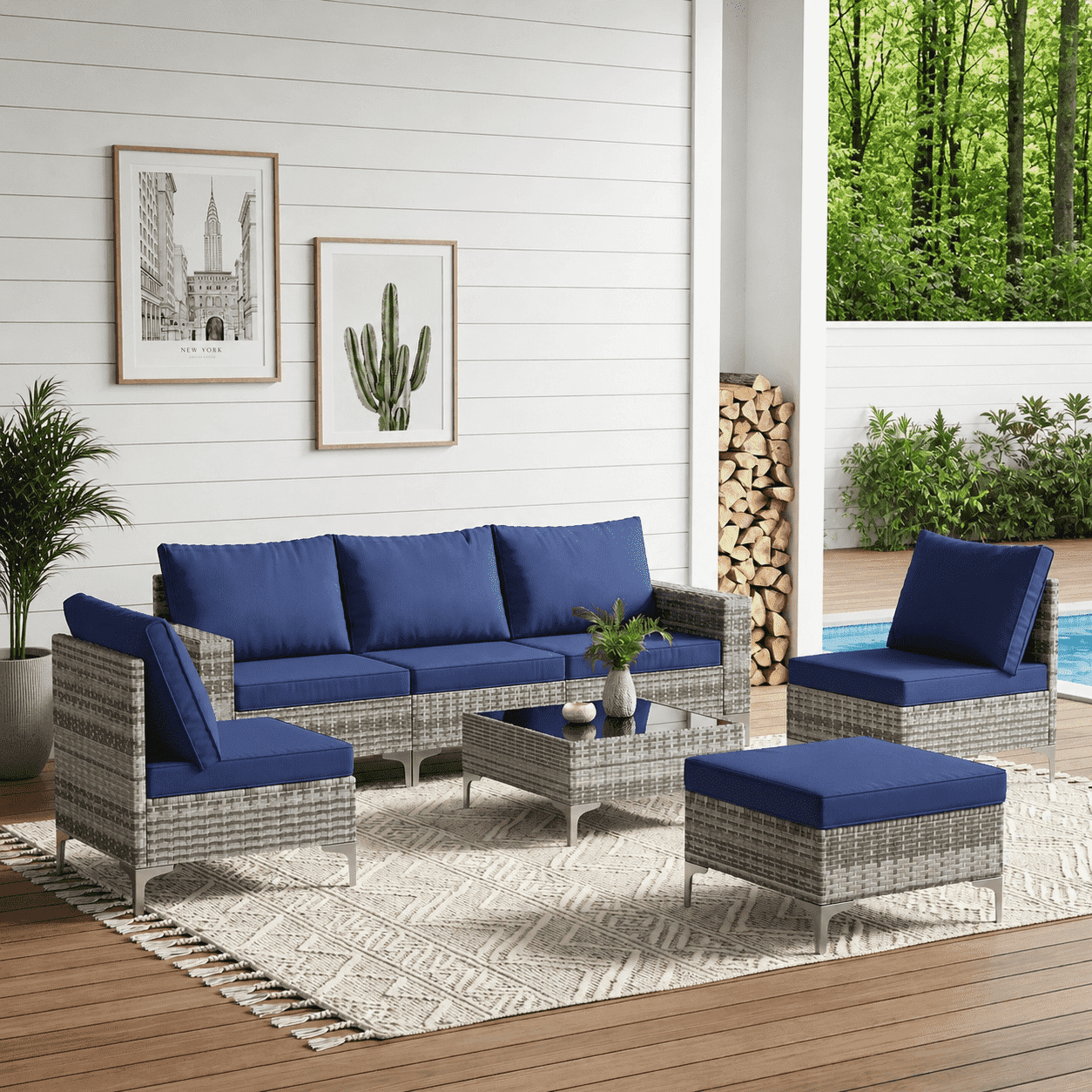 LAZZO 7-Piece Outdoor Conversation Set, Wicker Patio Furniture Set with Cushions and Coffee Table, Blue