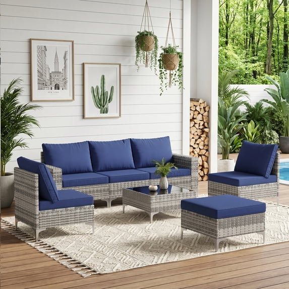 LAZZO 7-Piece Patio Conversation Set, Boho Outdoor Wicker Furniture with Blue Cushions & Glass Coffee Table for Backyard, Porch