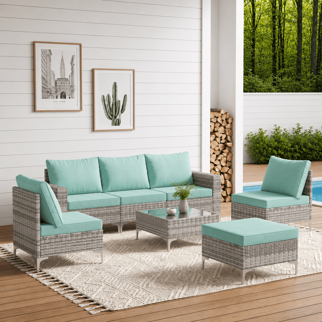LAZZO 7-Piece Outdoor Conversation Set, Wicker Patio Furniture with Cushions and Coffee Table, Green
