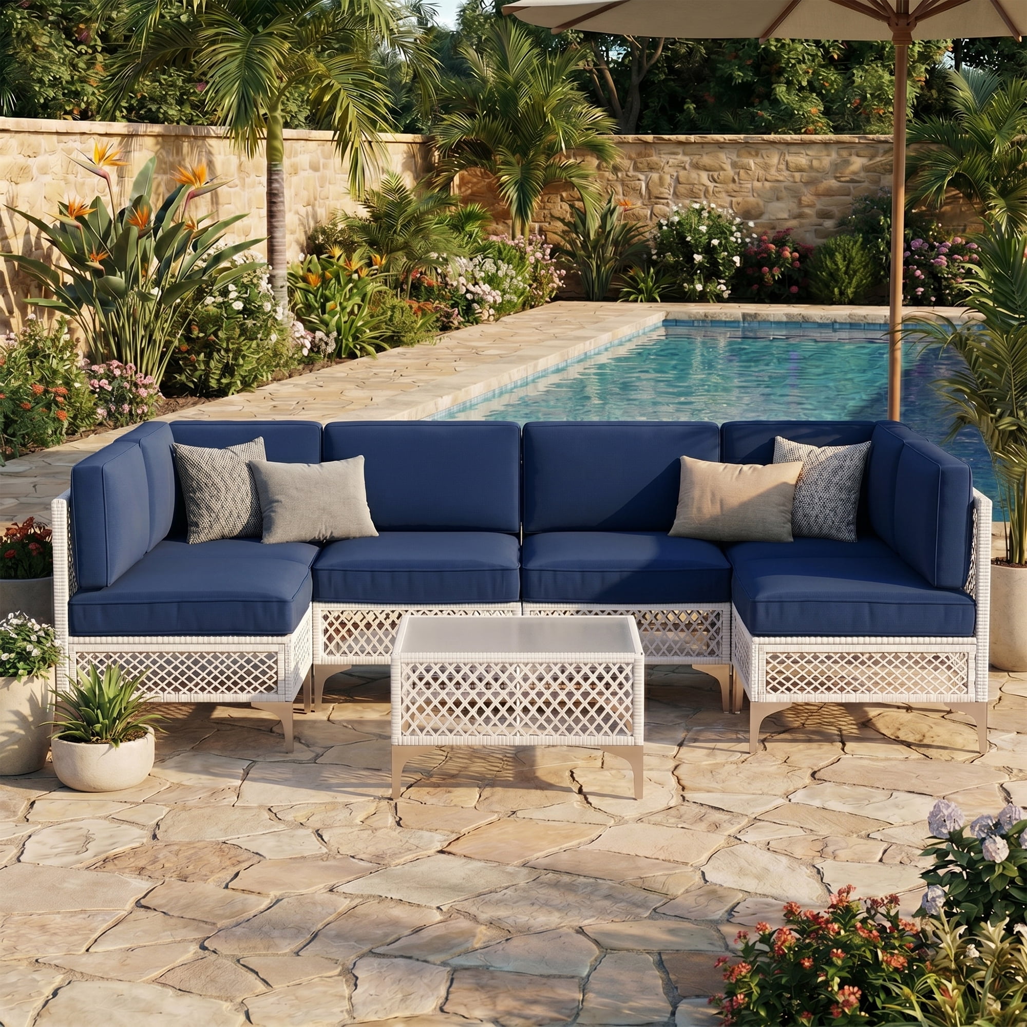 LAZZO 7-Piece Patio Furniture Set, Outdoor Wicker Conversation Set with Thick Cushions & Coffee Table for Backyard and Garden, Blue