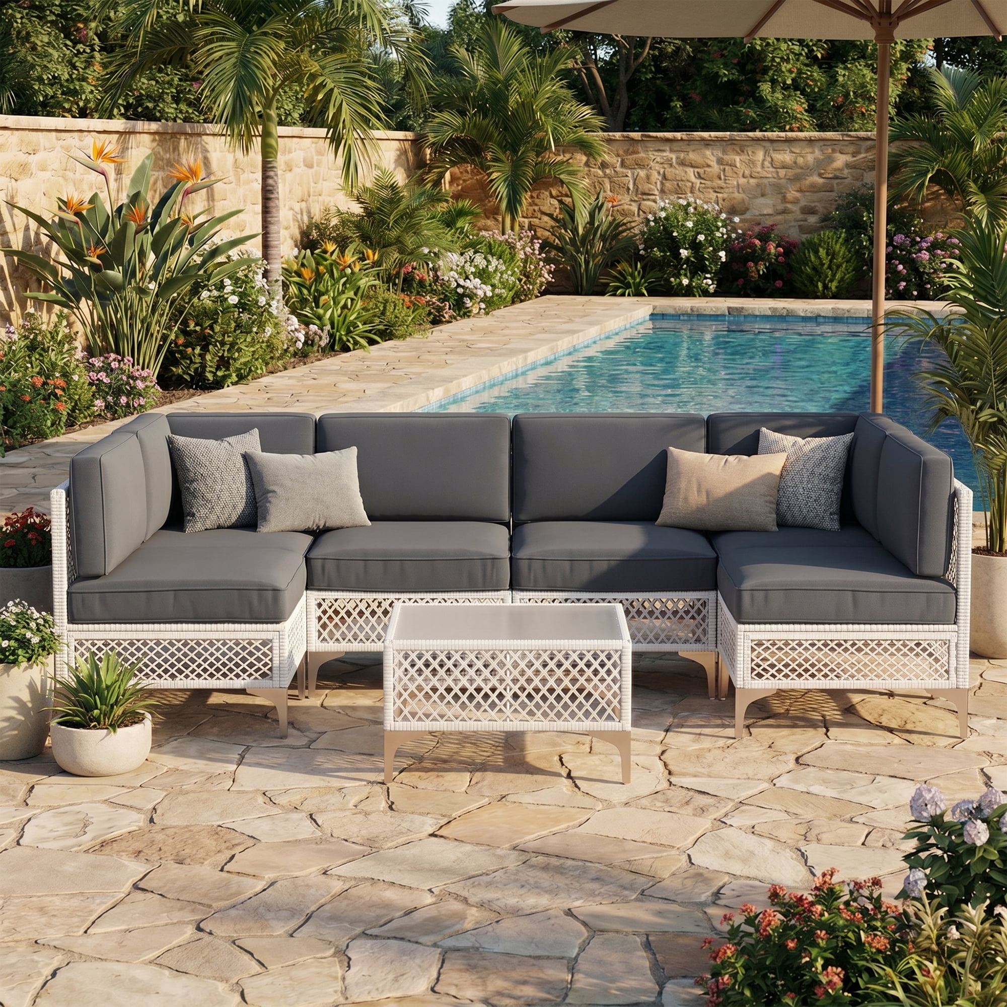 LAZZO 7-Piece Patio Furniture Set, Outdoor Wicker Conversation Set with Thick Cushions & Coffee Table for Backyard and Garden, Gray