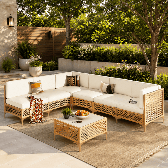 LAZZO 7 Pieces Outdoor Conversation Set, PE Rattan Wicker Patio Furniture Sets, All Weather Sectional Sofa with Beige Cushions