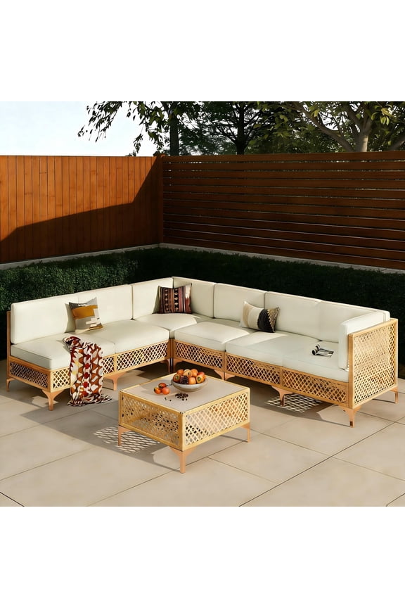 7 Pieces Outdoor Conversation Set, PE Rattan Wicker Patio Furniture Sets, All Weather Sectional Sofa with Beige Cushions