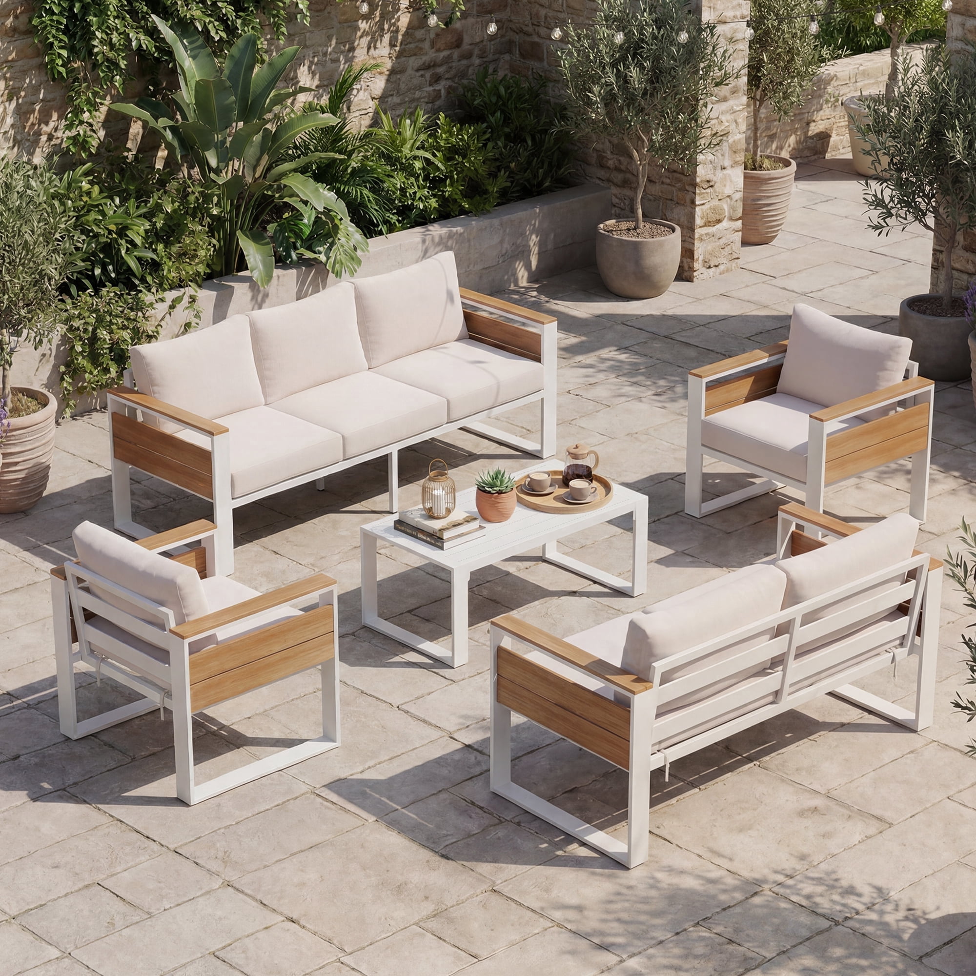 LAZZO 5-Piece Patio Conversation Set, All-Aluminum Outdoor Metal Furniture Set with Olefin Cushions & Coffee Table, Beige
