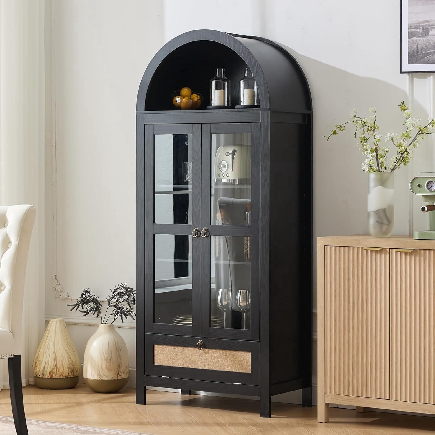 LAZZO 71" Arched Pantry Cabinet with Glass Door & Drawer, Storage Cupboard with Anti-Tipping Device, Black