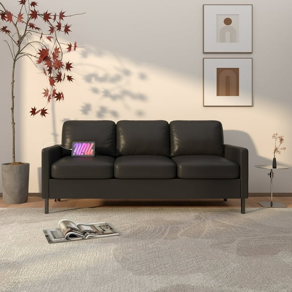 LAZZO 72" W Faux Leather Black Sofa, 3-Seater Modern Comfort Couch with 2 USB Ports, Compact Couches for Small Spaces, Living Room, Apartment, Bedroom, Office (Black)