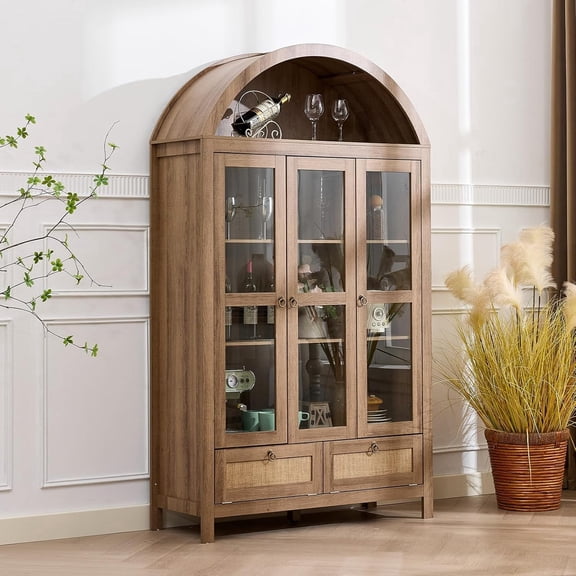 LAZZO 75" Arched Pantry Cabinet with Glass Doors, Rattan Drawers and Anti-Tipping Storage Cupboard for Kitchen and Living Room, Natural Wood