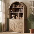 thumbnail image 1 of LAZZO 75” Arched Pantry Cabinet, Farmhouse Storage Cabinet with Built-In Power Strip, Anti-Tip Device and Open Shelves, Natural Wood, 1 of 8