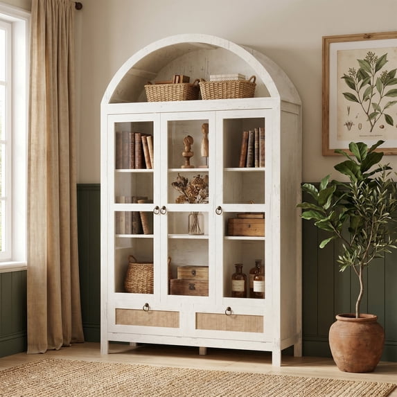 LAZZO 75" Arched Pantry Cabinet with Glass Doors, Rattan Drawers and Anti-Tipping Storage Cupboard for Kitchen and Living Room, White