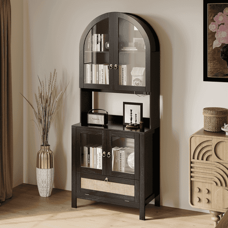 LAZZO 75" Arched Pantry Cabinet with Glass Door & Drawer, Storage Cupboard with Anti-Tipping Device, Black