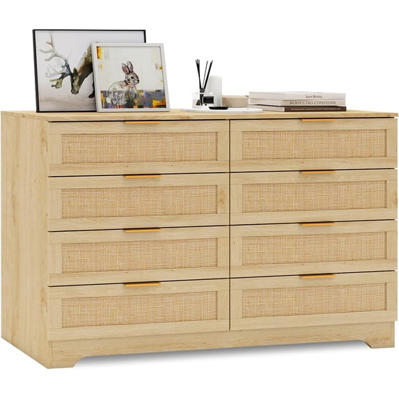 LAZZO 8-Drawer Dresser for Bedroom, Modern Rattan Chest of Drawers, Boho Wood Storage Organizer for Bedroom, Living Room & Entryway, Natural Wood Color