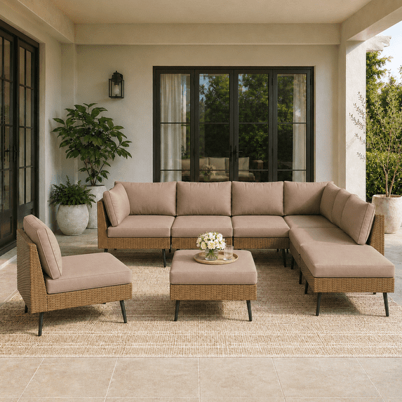 LAZZO 8-Piece Outdoor Patio Furniture Set, Wicker Sectional Sofa Conversation Set with Cushions for Backyard, Porch and Deck, Khaki