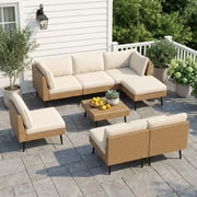 LAZZO 8-Piece Outdoor Wicker Conversation Set, All-Weather Sectional Sofa with 6 Chairs & 2 Ottomans, Beige Cushions