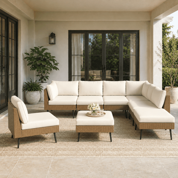 LAZZO 8-Piece Outdoor Patio Furniture Set, Wicker Sectional Sofa Conversation Set with Cushions for Backyard, Porch and Deck, Beige
