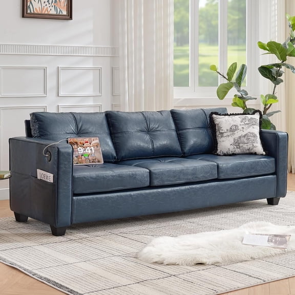 LAZZO 80" Faux Leather Sofa,3-Seater Couch with USB Ports and Side Pockets for Living Room, Blue
