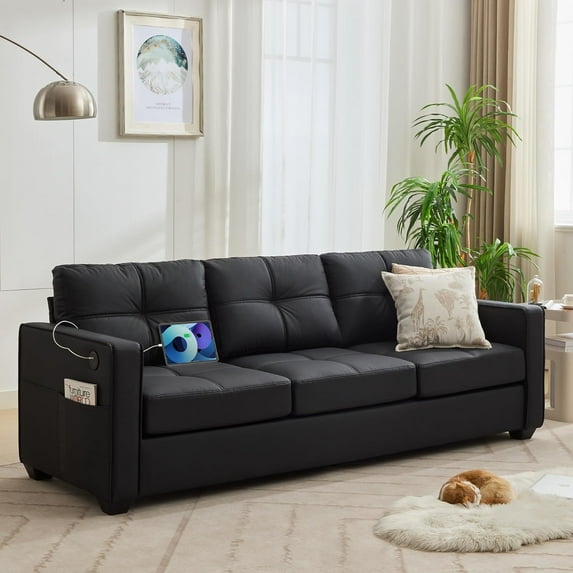 LAZZO 80" Couch with USB Ports and Side Pockets, 3-Seater Faux Leather Sofa for Living Room and Office, Black