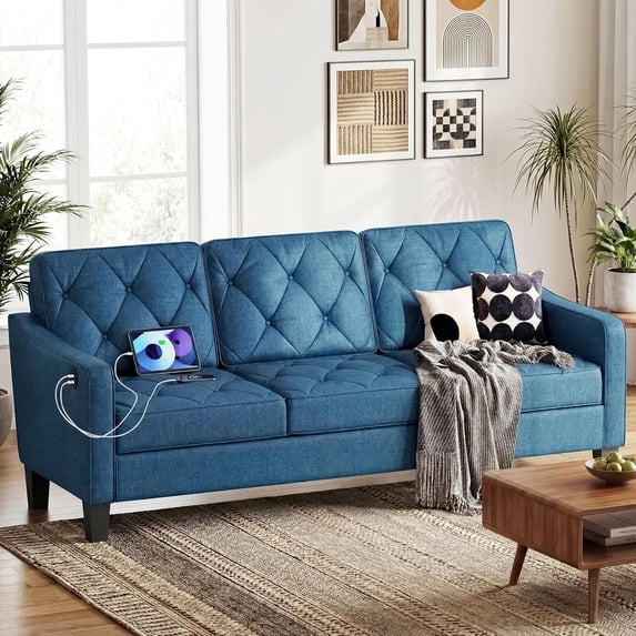 LAZZO 83" 3-Seater Tufted Couch, Modern Sofa with Trapezoid Arms for Living Room & Office, Blue