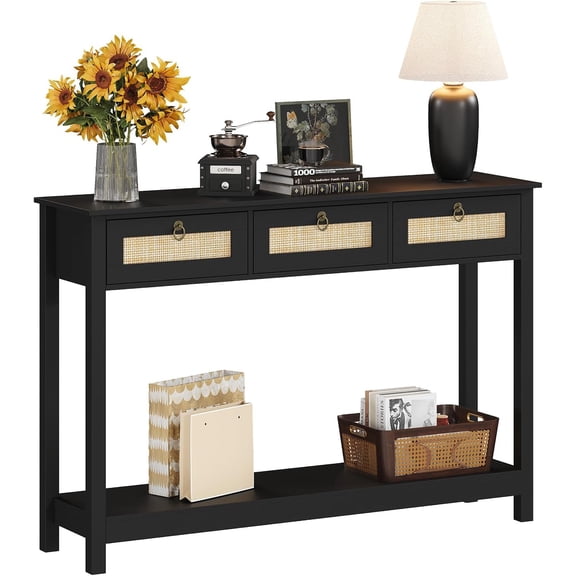 LAZZO Black Boho Rattan Console Table, Narrow Entryway Sofa Table with 3 Drawers & Open Shelf
