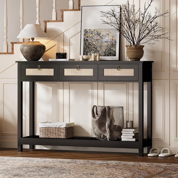 LAZZO 47" Boho Rattan Console Table, Narrow Entryway Table with 3 Drawers & Open Shelf, Balck