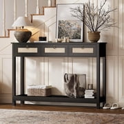 LAZZO 47" Boho Rattan Console Table, Narrow Entryway Table with 3 Drawers & Open Shelf, Balck