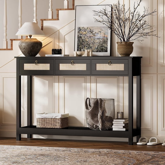 LAZZO 47" Boho Rattan Console Table, Narrow Entryway Table with 3 Drawers & Open Shelf, Balck