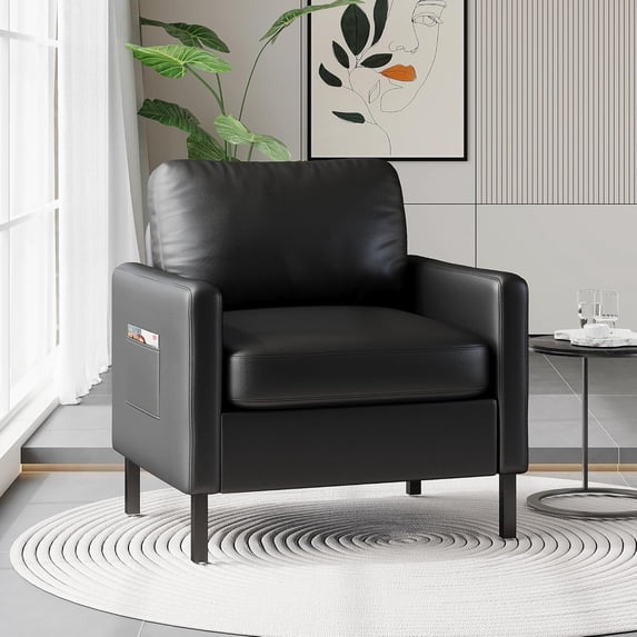 LAZZO Black Faux Leather Accent Chair with Arms, Modern Small Office Chair with Metal Legs for Living Room Bedroom Waiting Room