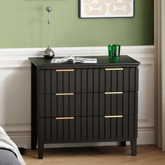 LAZZO Fluted 3-Drawer Nightstand, Tall Bedside Table with Gold Metal Handles & Storage for Bedroom, Black