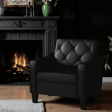 LAZZO Black Leather Accent Chair – Tufted Club Chairs for Living Room, Office & Small Spaces
