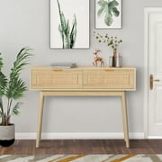 LAZZO Console Table with 2 Drawers Rattan Entryway Table with Storage Narrow Accent Sofa Table Modern Behind Couch Table for Hallway, Entryway, Living Room and Bedroom Natural Wood Color