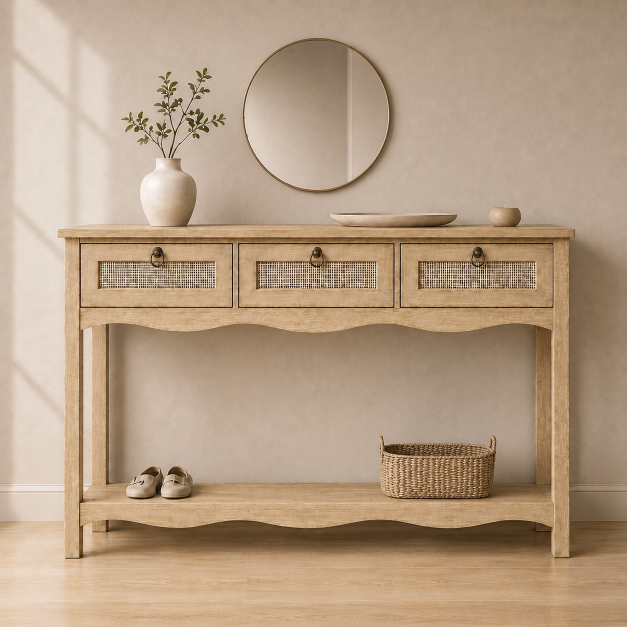 LAZZO Console Table Natural Wood Boho Rattan Narrow Entryway Sofa Table With 3 Drawers Open Shelf Natural Color: Quick Guide for Smart Shoppers