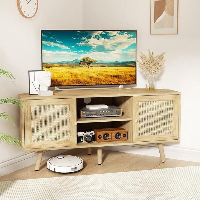LAZZO Corner TV Stand for 55 Inch TV, Boho Entertainment Center with Rattan Doors, Storage Media Console with Solid Wood Feet & 2 Cord Holes, Natural, for Living Room
