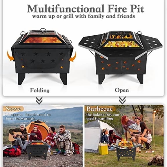 LAZZO Crossweave Outdoor Fire Pit, 37in Wood Burning Firepit with Grill Grate, Square Metal Bonfire Firepit Stove Table Backyard Patio Garden Fireplace with Spark Screen,Poker for