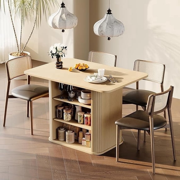LAZZO 43.3" Dining Table for 4 People, Small Rectangular Kitchen Table with 3-Tier Storage Shelf, Oak