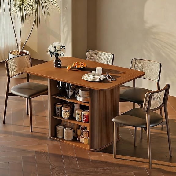 LAZZO 43.3" Dining Table for 4 People, Small Rectangular Kitchen Table with 3-Tier Storage Shelf, Modern Farmhouse Fluted Wood Table for Dining Room, Walnut