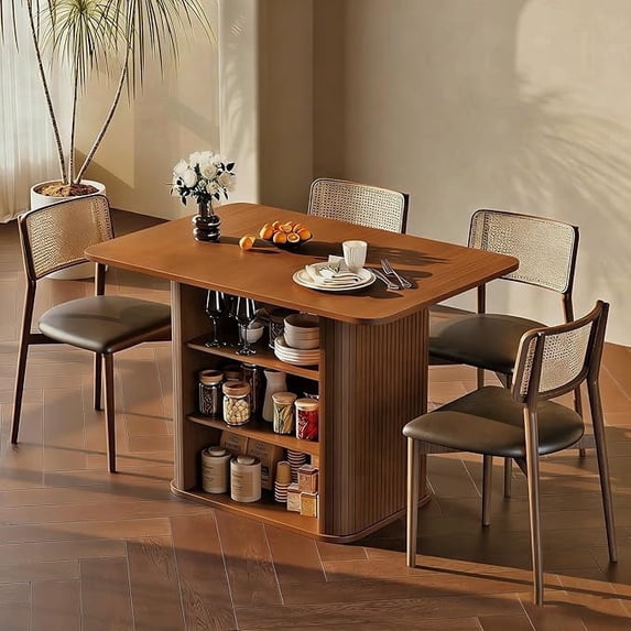LAZZO 43.3" Dining Table for 4 People, Small Rectangular Kitchen Table with 3-Tier Storage Shelf, Walnut