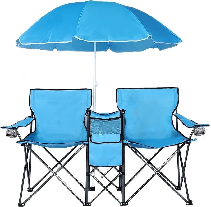LAZZO Outdoor Double Camping Chair with Umbrella, Portable Folding Beach Chair with Cup Holder, Built-in Cooler and Carry Bag, Blue